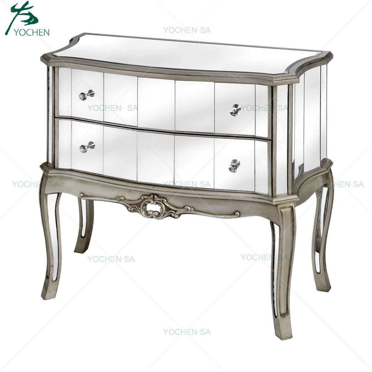 Champagne Silver Mirrored Glass Chest of 2 Drawer Living Room Cabinet