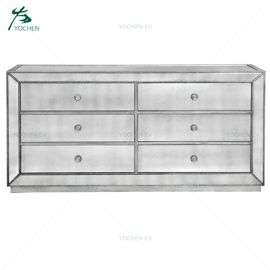 Brushed Antique Silver Paint Mirrored 2 Drawers Low Console Table