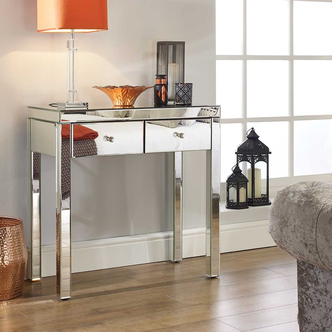 Modern metal furniture black glass console table with mirror