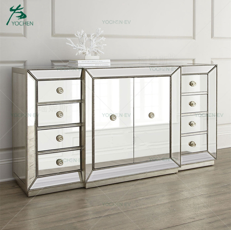 Champagne Beaded Trim Mirrored Buffet Cabinet
