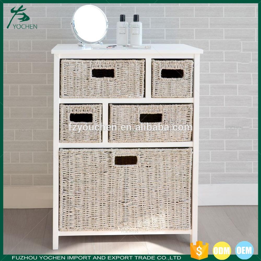 Classic White and Brown Wooden Storage Cabinet 5 Basket Storage Unit