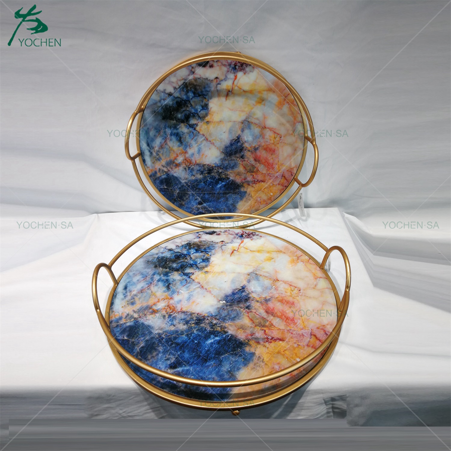 Faux Marble Top Round Metal Serving Tray