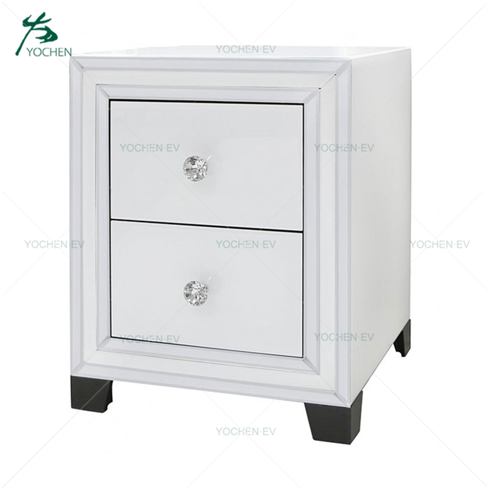 White Glass Two Drawers Wooden Mirrored Side Table Bedroom