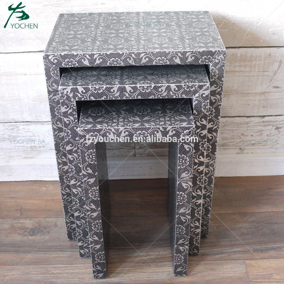 Black Silver Embossed Antique Effect Set Of 3 Nested Tables