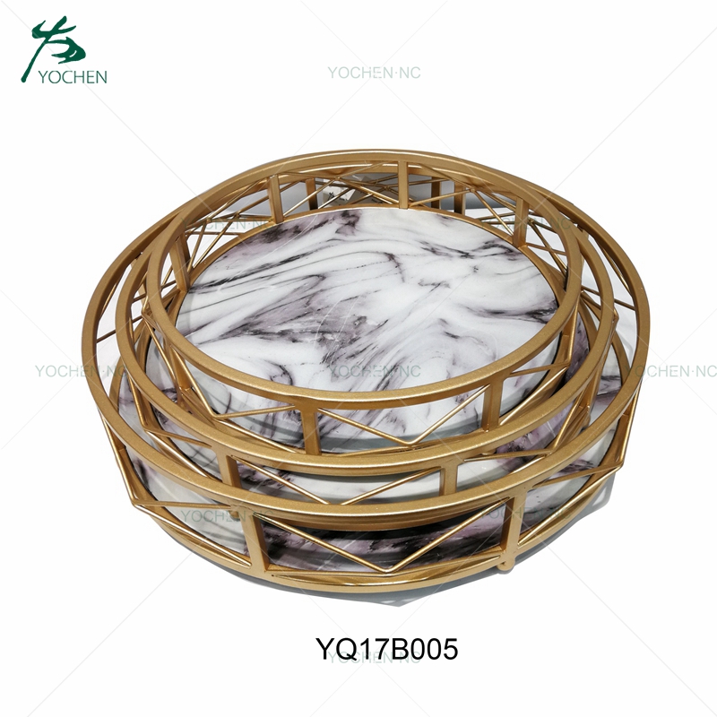 Gold color handle marble serving metal tray