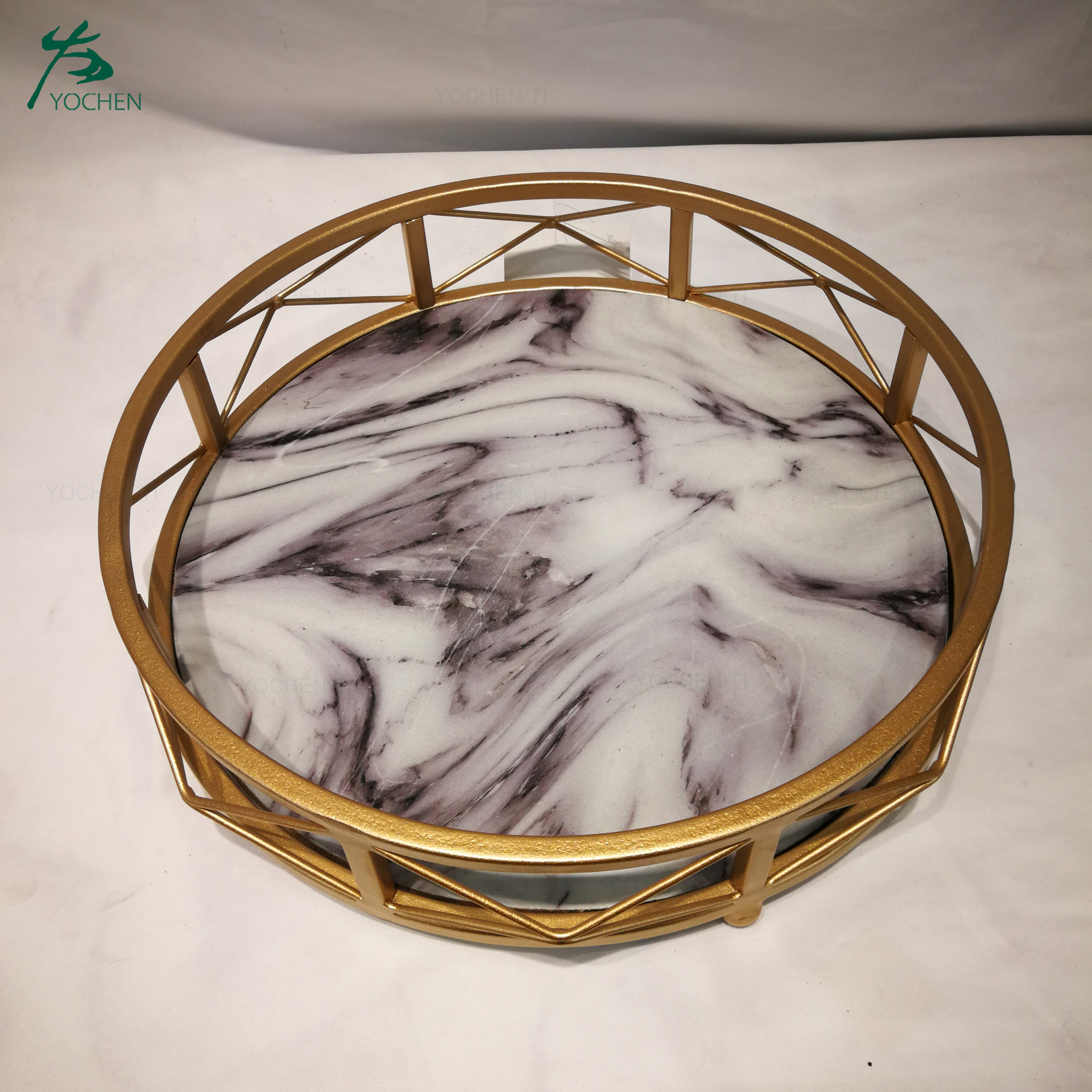 Handmade Gilt Round Marble Serving Tray With Handle