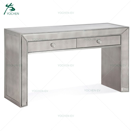 Brushed Antique Silver Paint Mirrored 2 Drawers Low Console Table