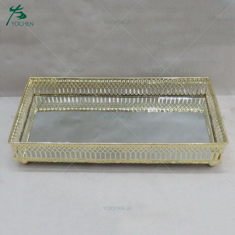 Home use round metal framed mirrored table tray