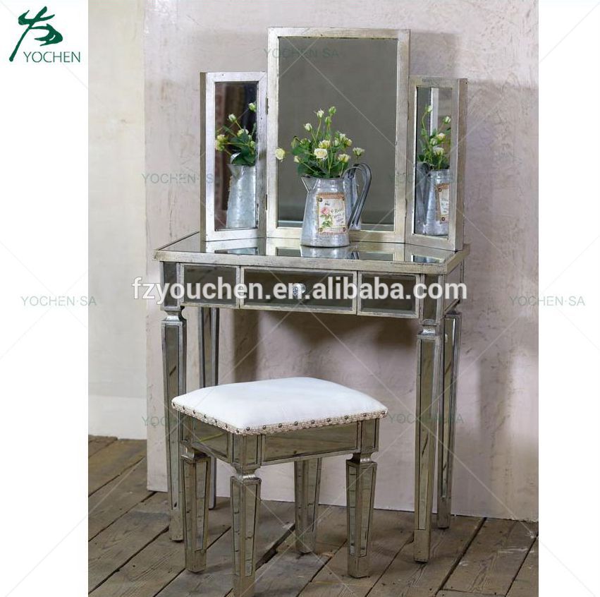 Antique Silver Mirrored Makeup Dressing Table Bedroom Furniture