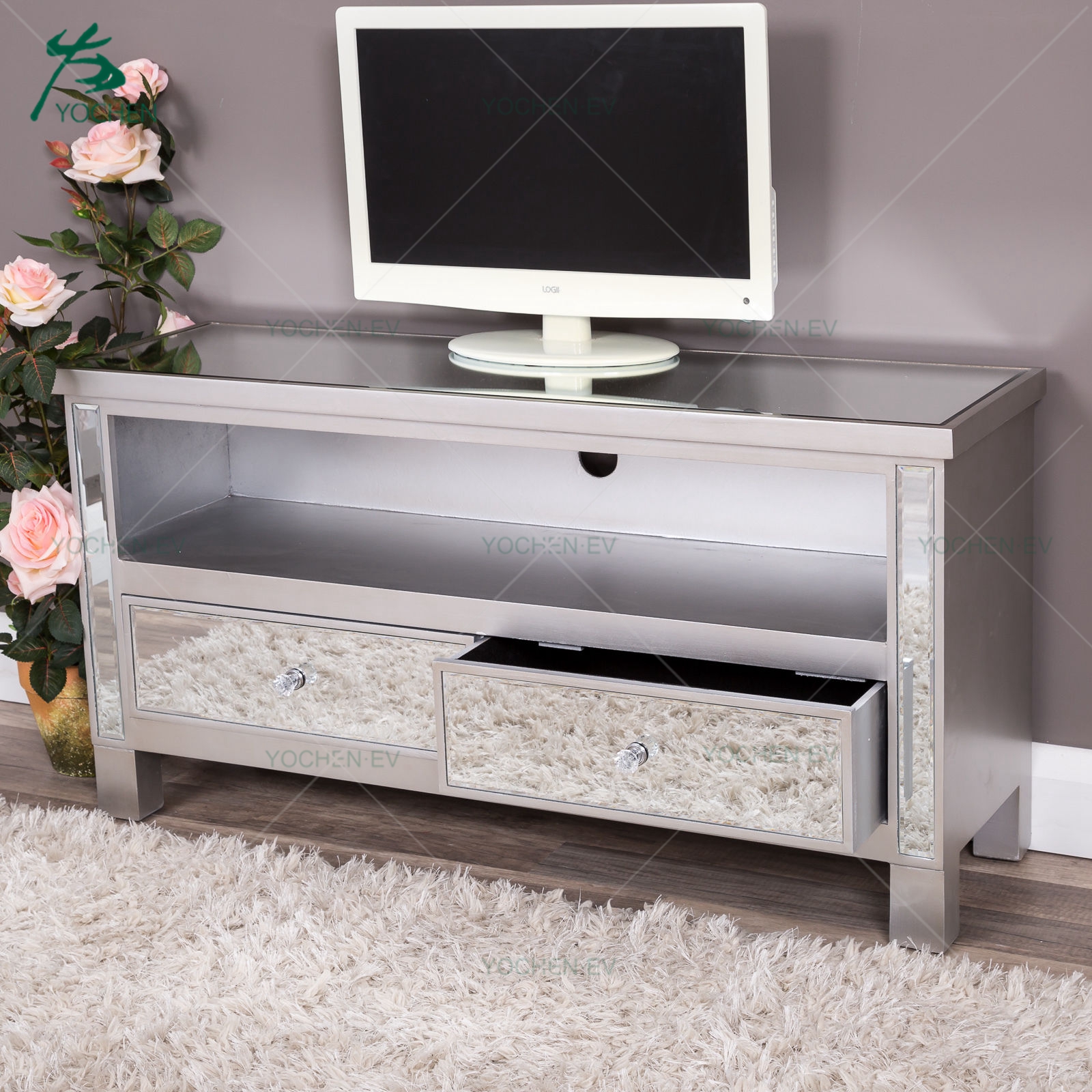 Two Drawers Silver Glass Mirrored TV Stand