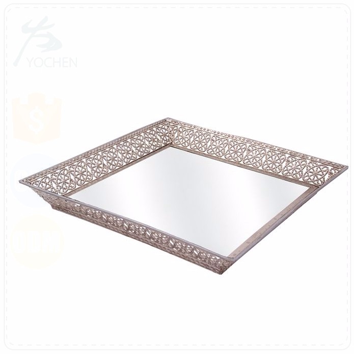 Punched Metal Iron Indian Mirror Tray Small in Square