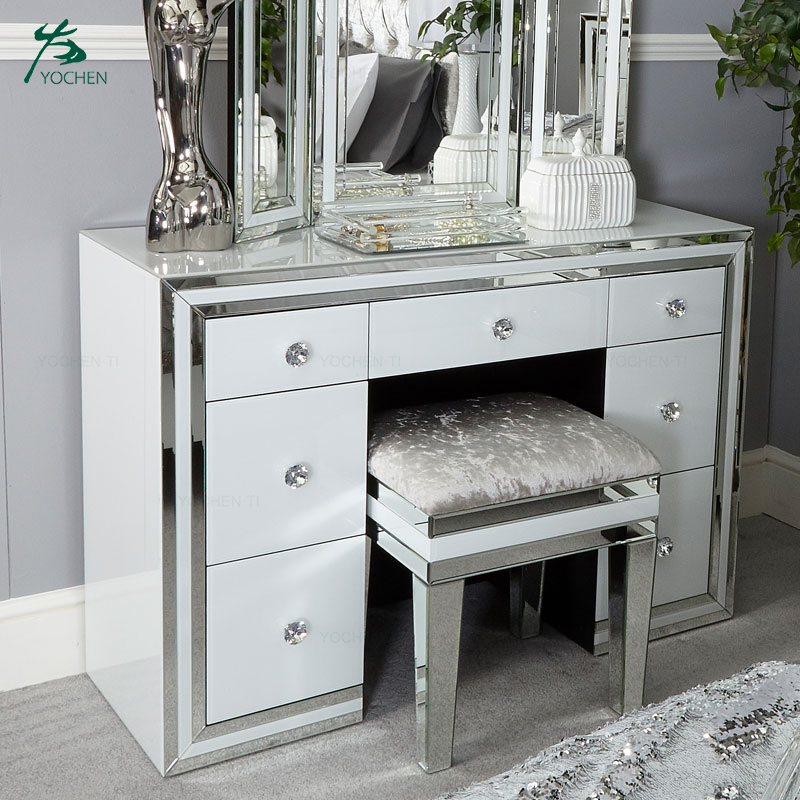 Bedroom Funiture White Glass 3 Drawer Mirrored Chest