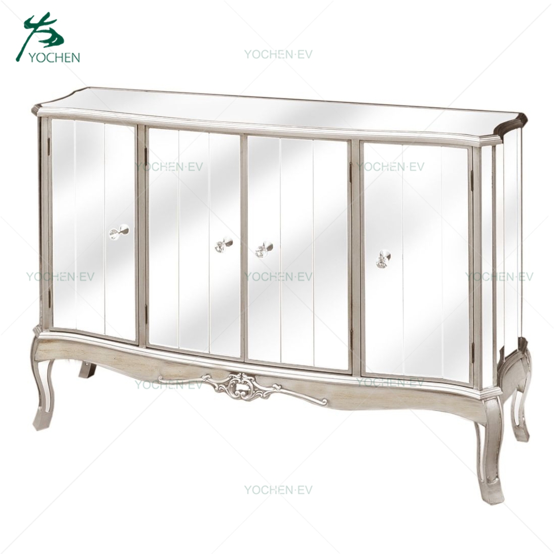 Silver European style antique wooden bedroom wardrobe with mirror