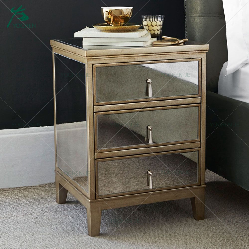 Antique gold new design 3 drawer mirror night stand bedside table