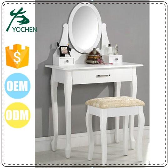 Wood White Vanity Set Make Up Table W/ Oval Mirror 3 Drawers Tan Cushion Stool