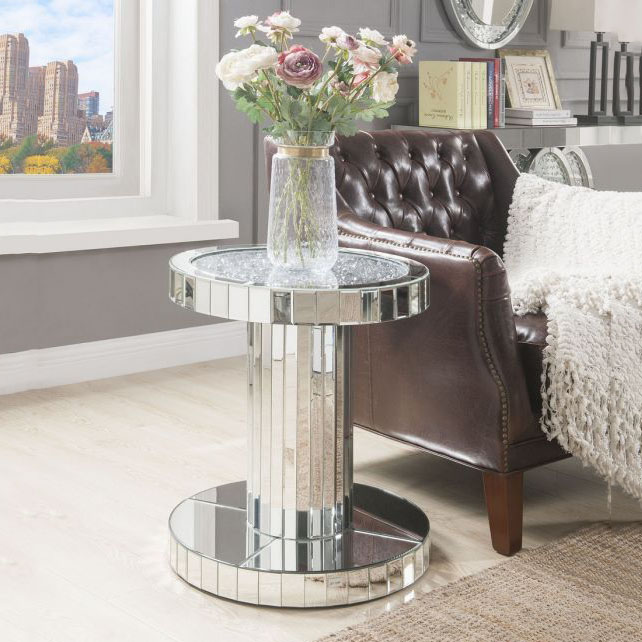 Living Room Silver Avery Side Tables with Mirror details Glass Coffee Table