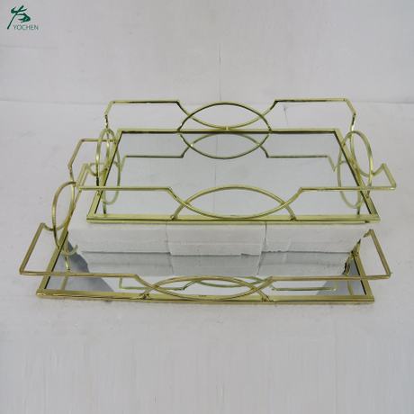 Gold Mirrored Tray with Metal Handles and Rectangle Mirror Base (Set of 2)