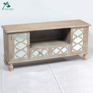 Wood Lattice Mirrored Wooden Two Drawer Two Cupboard Media TV Unit