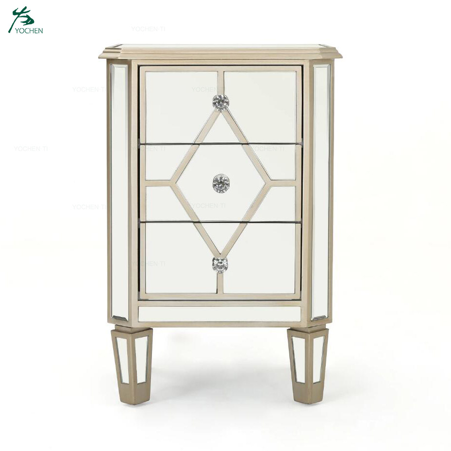 Silver finished mirrored 5 drawer cabinet with faux wood frame