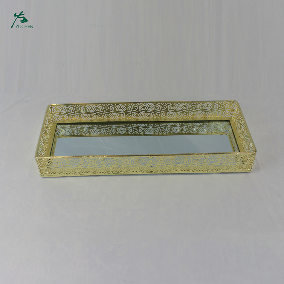 Best sale glass serving cafe mirror tray gold plated mirror tray with handles