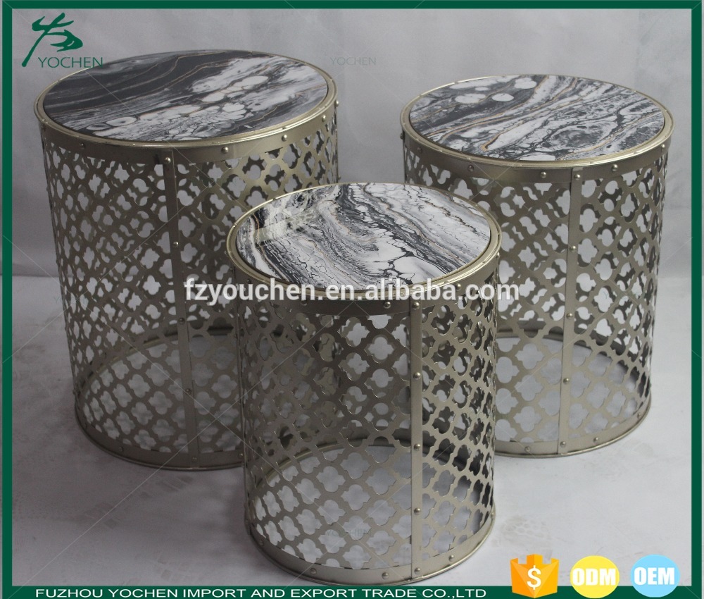 Metal Round Nesting Accent Table with Marble Top