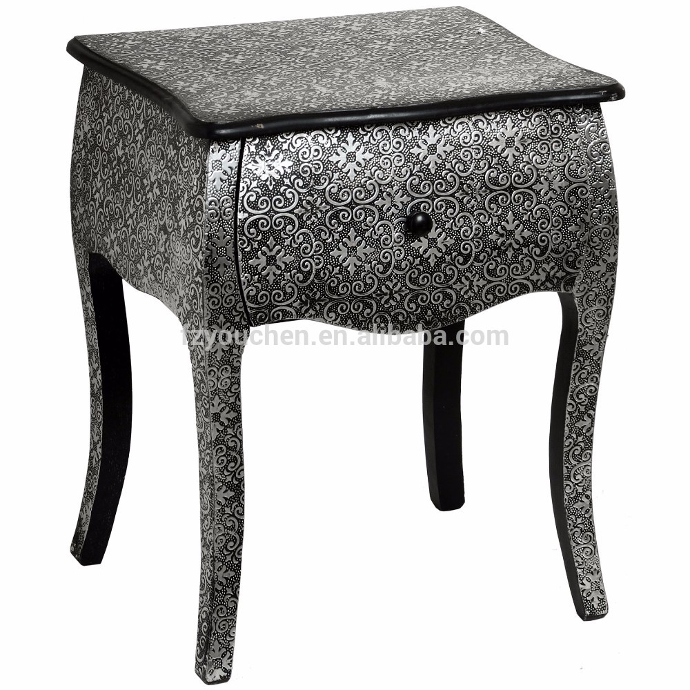 Traditional one drawer corner console table embellished with metallic