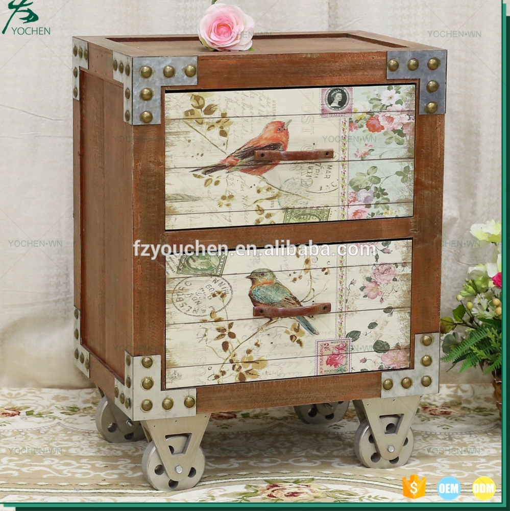 Home Decor With Wheels 2 Drawer Wood Printed Chinese Antique Cabinet