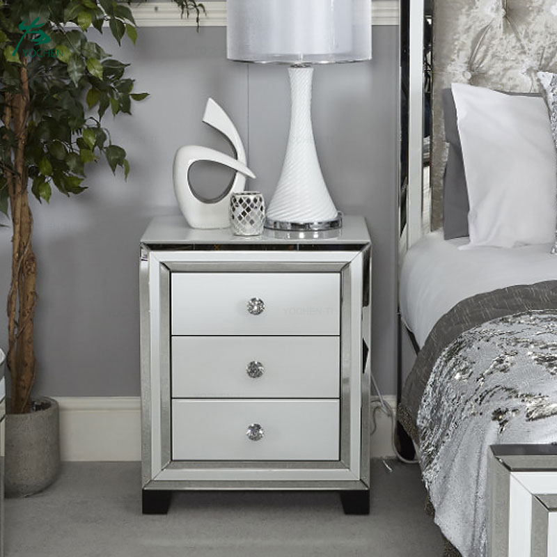 White Mirrored Furniture 3 Drawer nightstand Mirrored Bedside Table