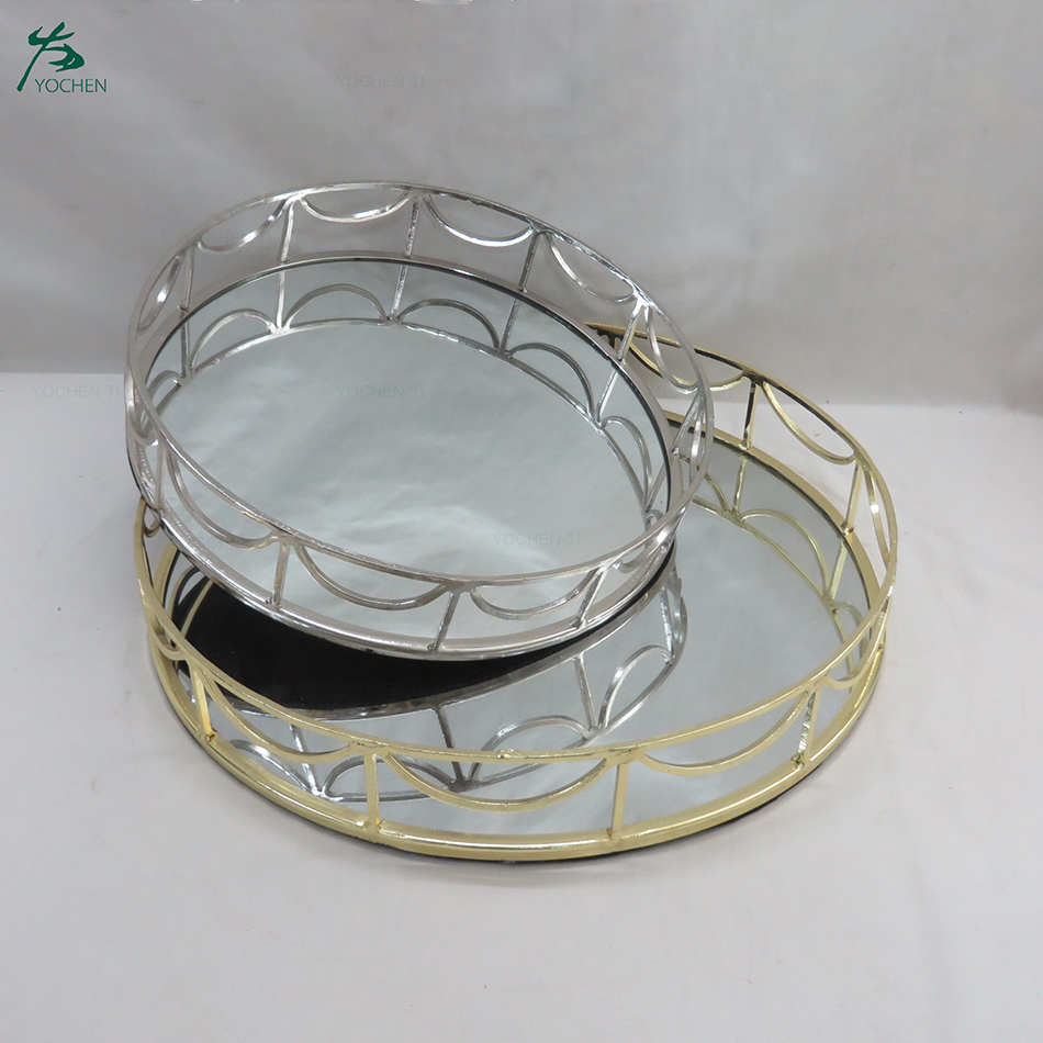 Round mirror bar tray with chrome railing Two-piece set