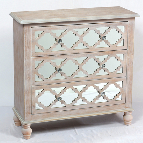 Lattice Whitewash Mirrored Wood 3 drawer chest