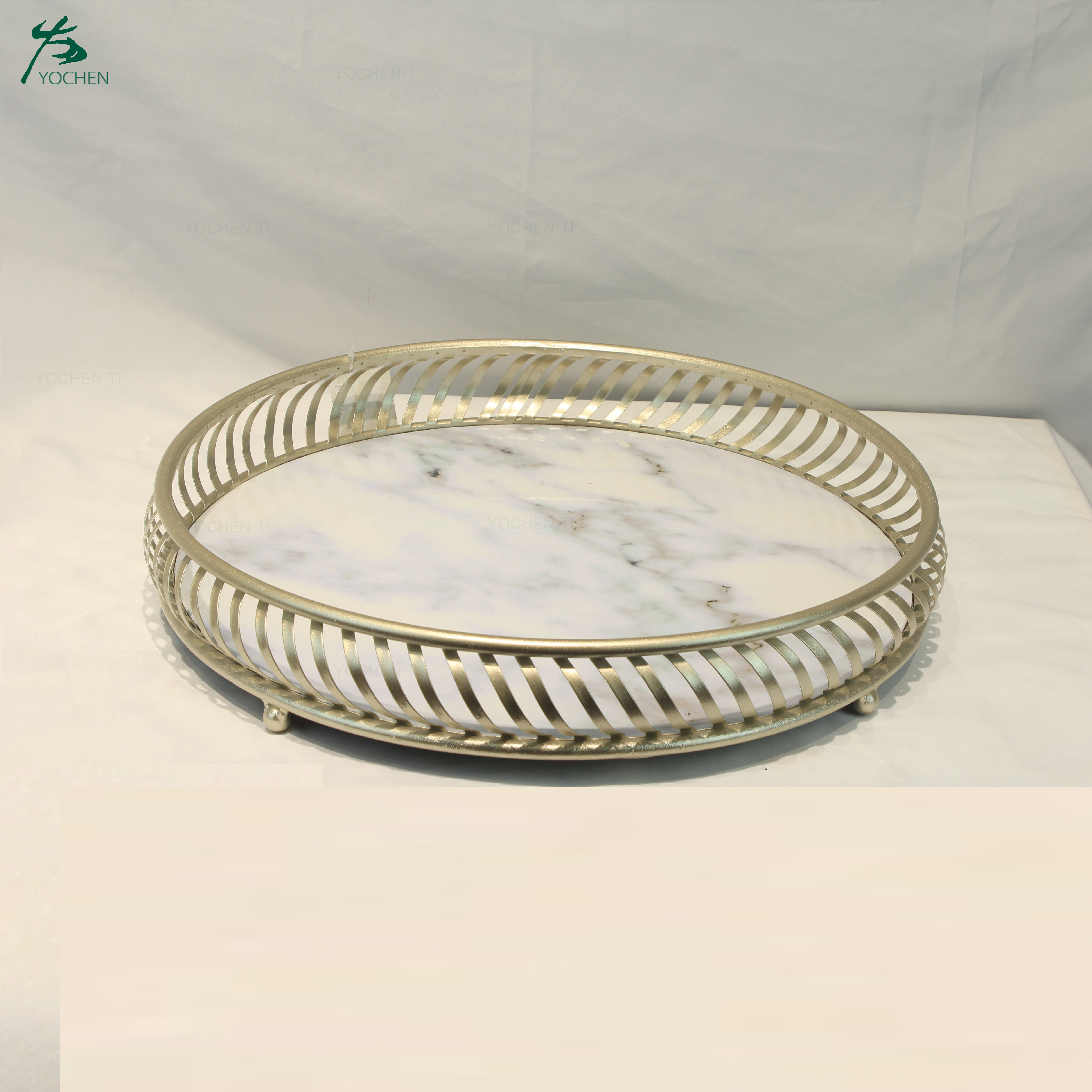 Art Deco Round Marble Top Serving Tray With Design